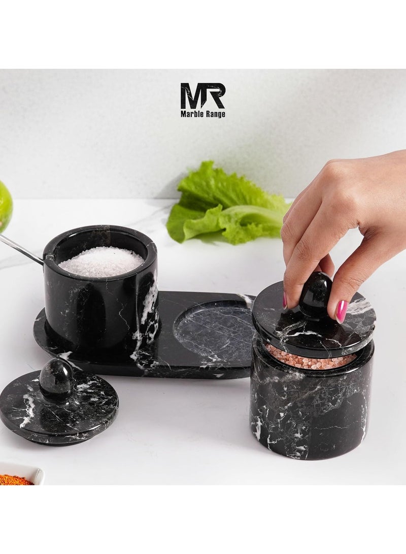 MARBLE RANGE Handmade Black Marble Salt Cellar 4 Inch with Lid & Tray, Set of 2 Seasoning & Spice Jars, Salt Container & Sugar Bowl for Kitchen Countertop, Perfect for Dining, Home, or Gift - Image 2
